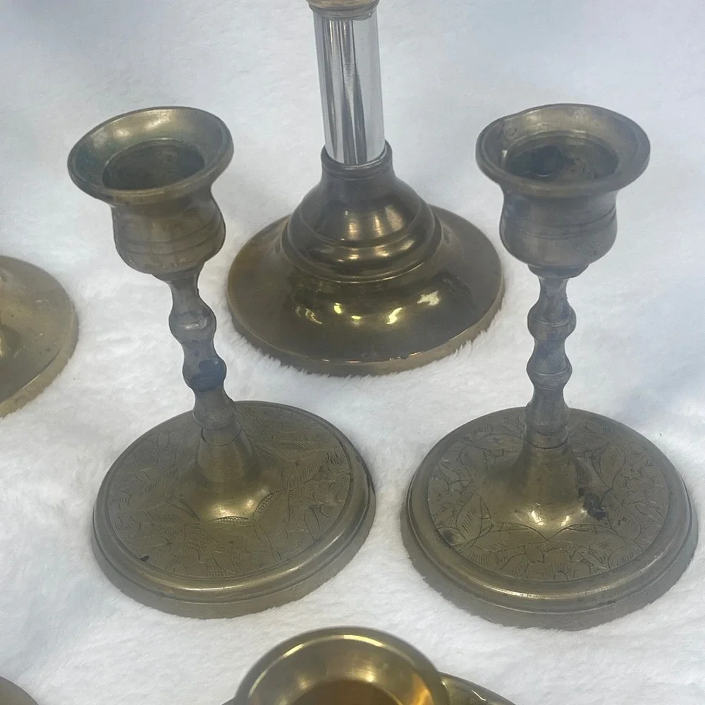 Vintage Brass Candle Holder Set of 8 Mixed Heights Etched Floral Chamberstick